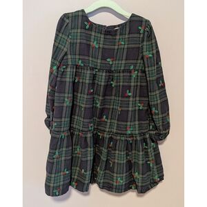 Mini Boden Girls Navy And Green Hollyberry Plaid Dress Size 6-7